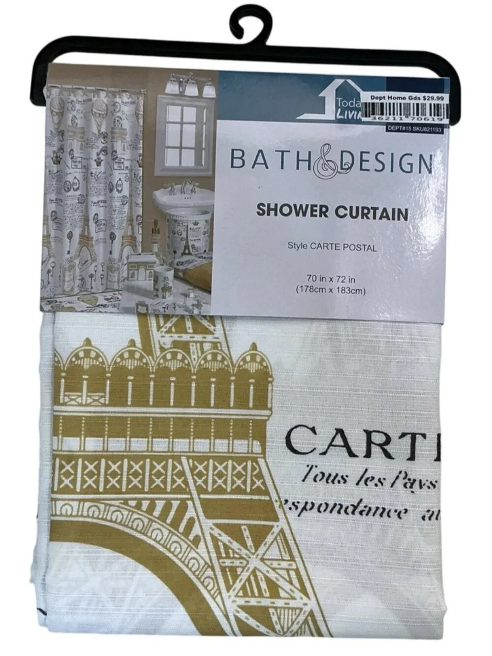 Paris Eiffel Tower Material Fabric Shower Curtain White Gold 70’x 72” NEW